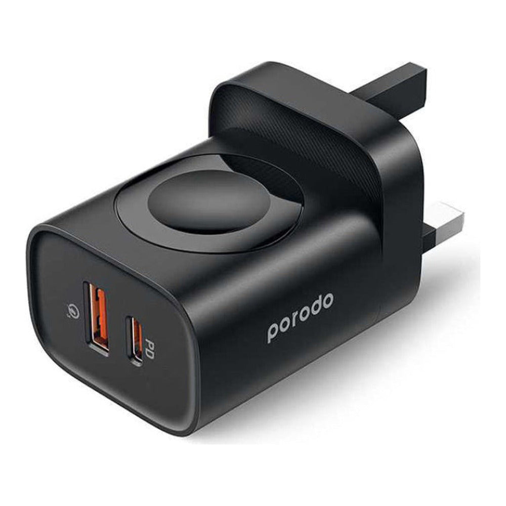 Porodo Dual-Port Wall Charger with Apple Watch Dock and USB-C/USB-A Output