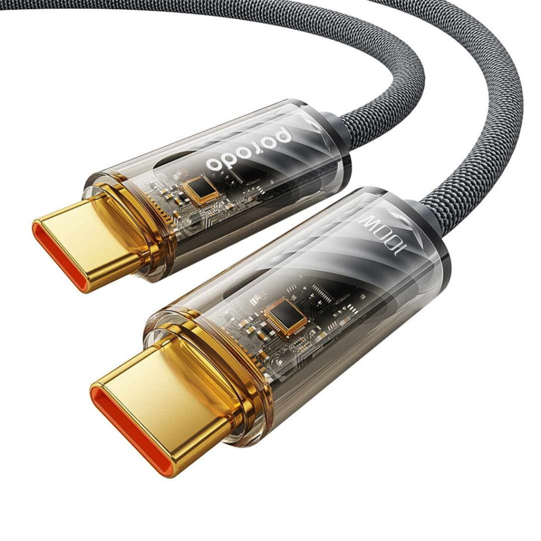 Porodo Braided USB-C to USB-C PD Cable – 100W Fast Charging – 1M – Transparent Head – Grey