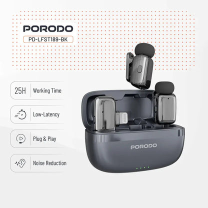 Porodo Wireless Dual Lavalier Microphones – Lightning Connector – Black – Plug & Play for iPhone & iPad