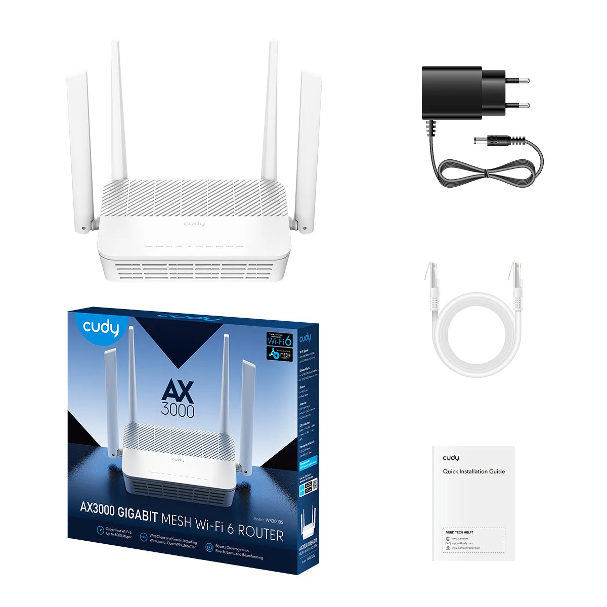 Cudy AX3000 Gigabit Mesh Wi-Fi 6 Router White, WR3000S
