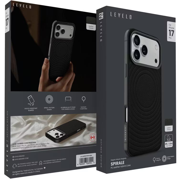 Levelo Spirale PU Leather Hybrid Case for iPhone 17 Pro MagSafe Compatible- Black